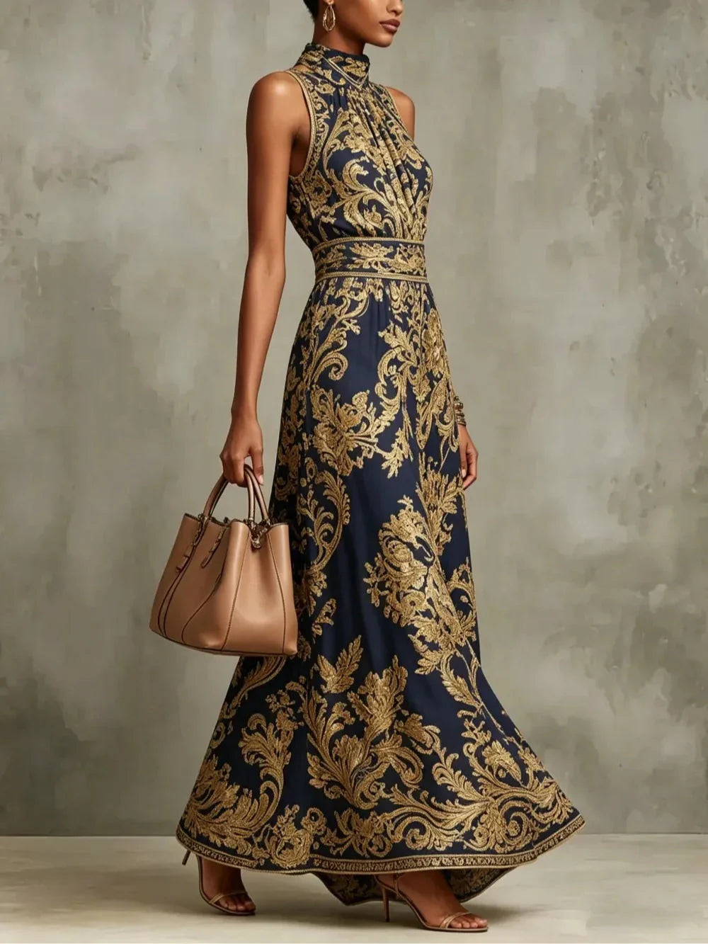 Gizelle | Gold Maxi Dress Baroque Print Halter Neck Sleeveless