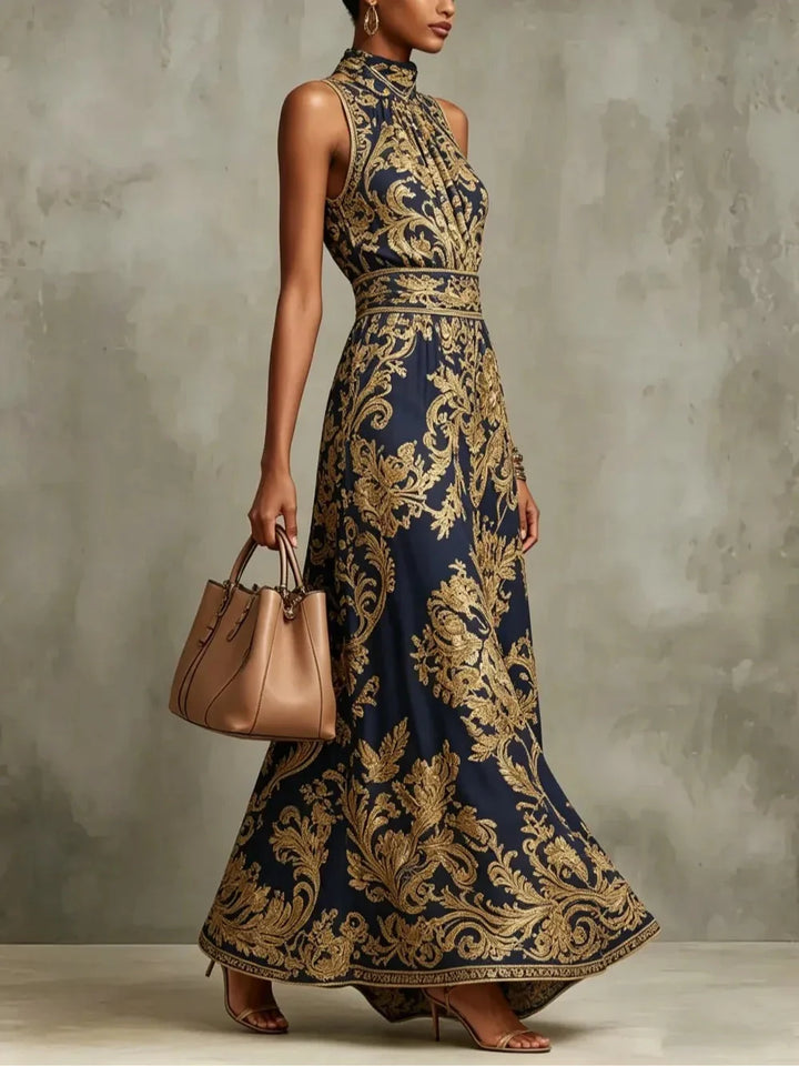 Gizelle | Gold Maxi Dress Baroque Print Halter Neck Sleeveless