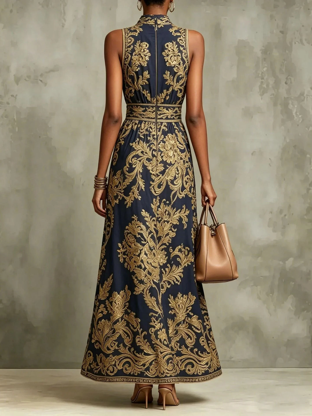 Gizelle | Gold Maxi Dress Baroque Print Halter Neck Sleeveless