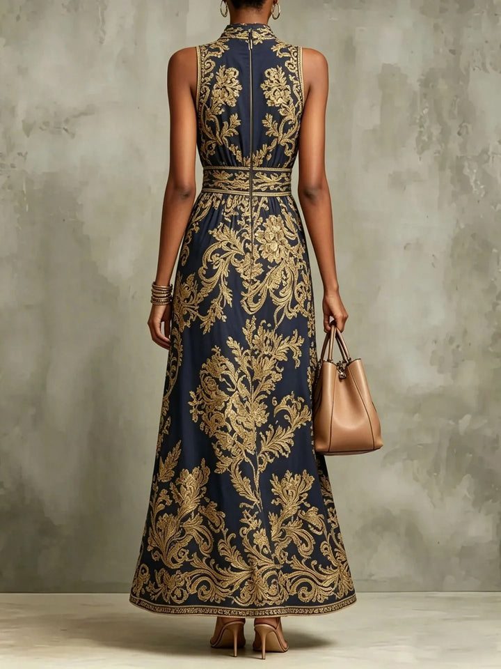 Gizelle | Gold Maxi Dress Baroque Print Halter Neck Sleeveless