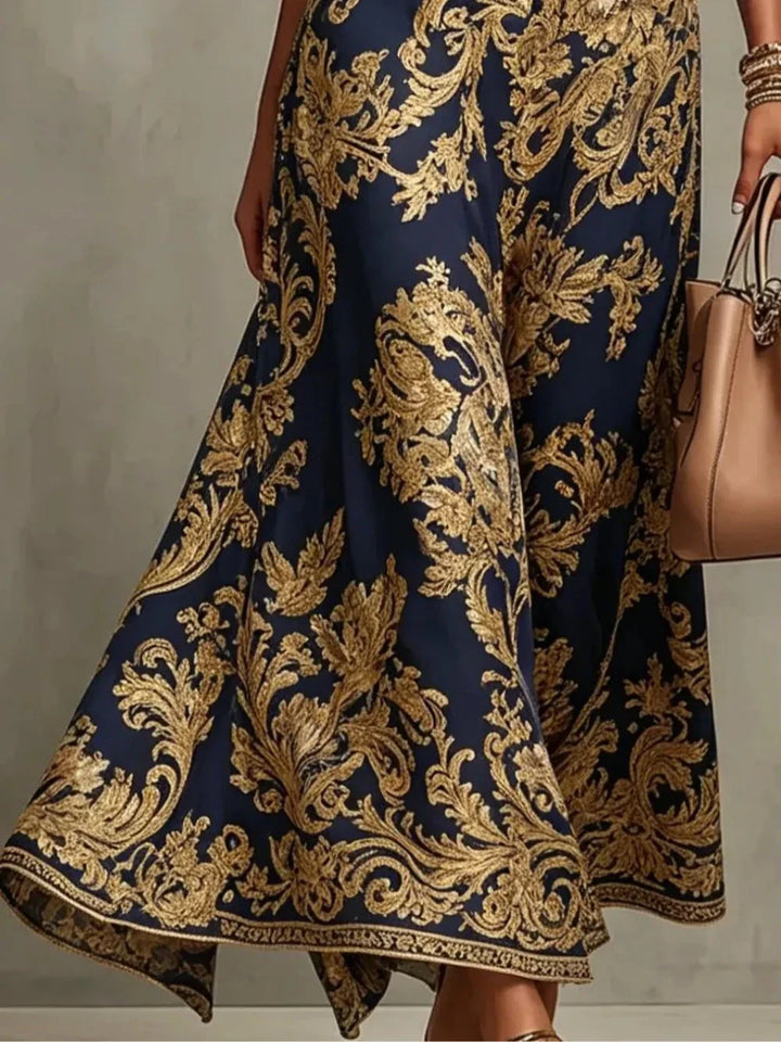 Gizelle | Gold Maxi Dress Baroque Print Halter Neck Sleeveless