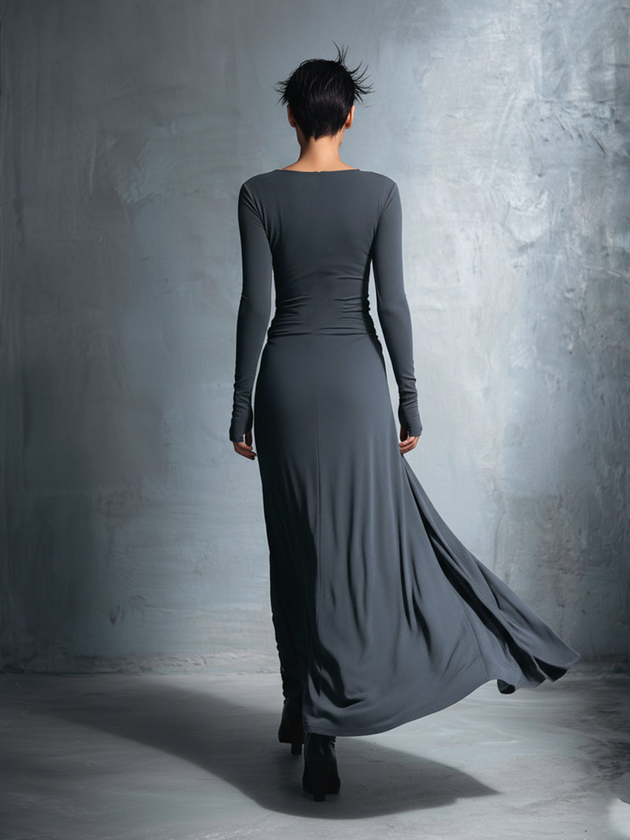 Mira | Gray Exquisite Stretch Blended Fabric Wrap Dress - Knotted Maxi Dress