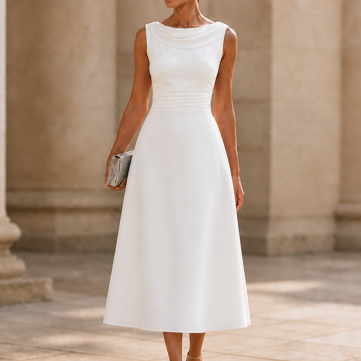 Disa | Draped-Neck Pleated A-Line Wedding Guest Dress