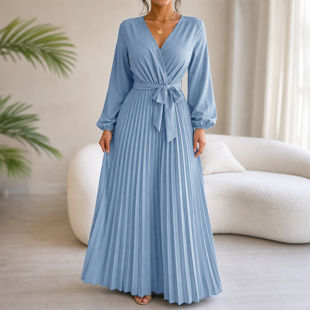 Luzy | Pleated Wrap-Neck High-Waisted Maxi Dress