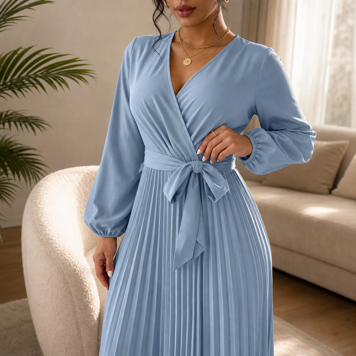 Luzy | Pleated Wrap-Neck High-Waisted Maxi Dress
