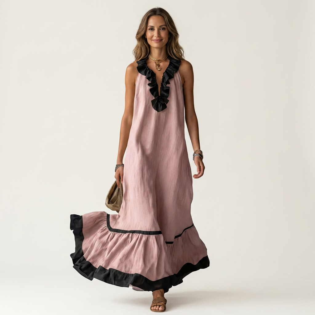 Monica | Sleeveless Ruffle-Neck Contrast-Trim Maxi Dress
