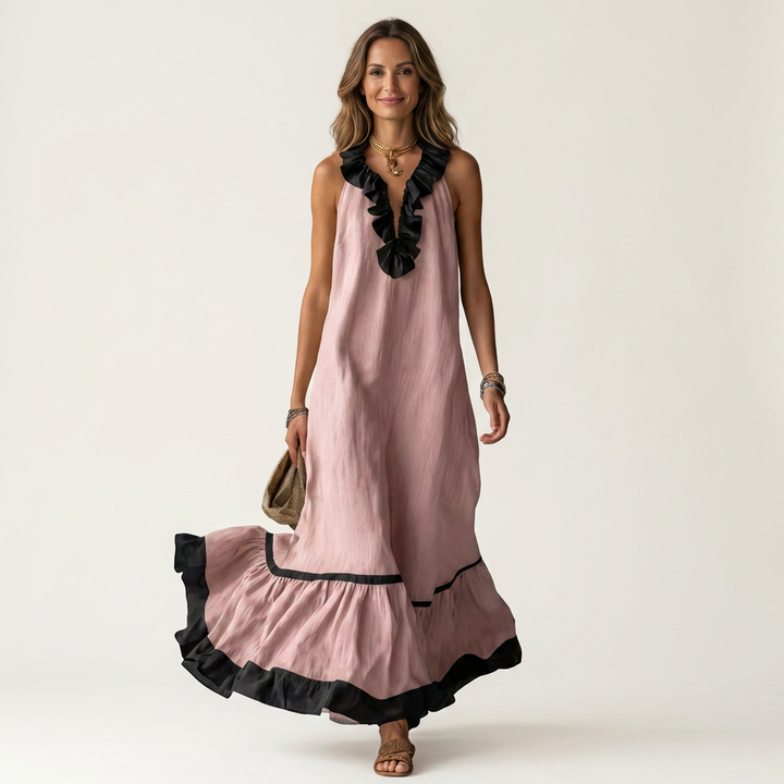 Monica | Sleeveless Ruffle-Neck Contrast-Trim Maxi Dress