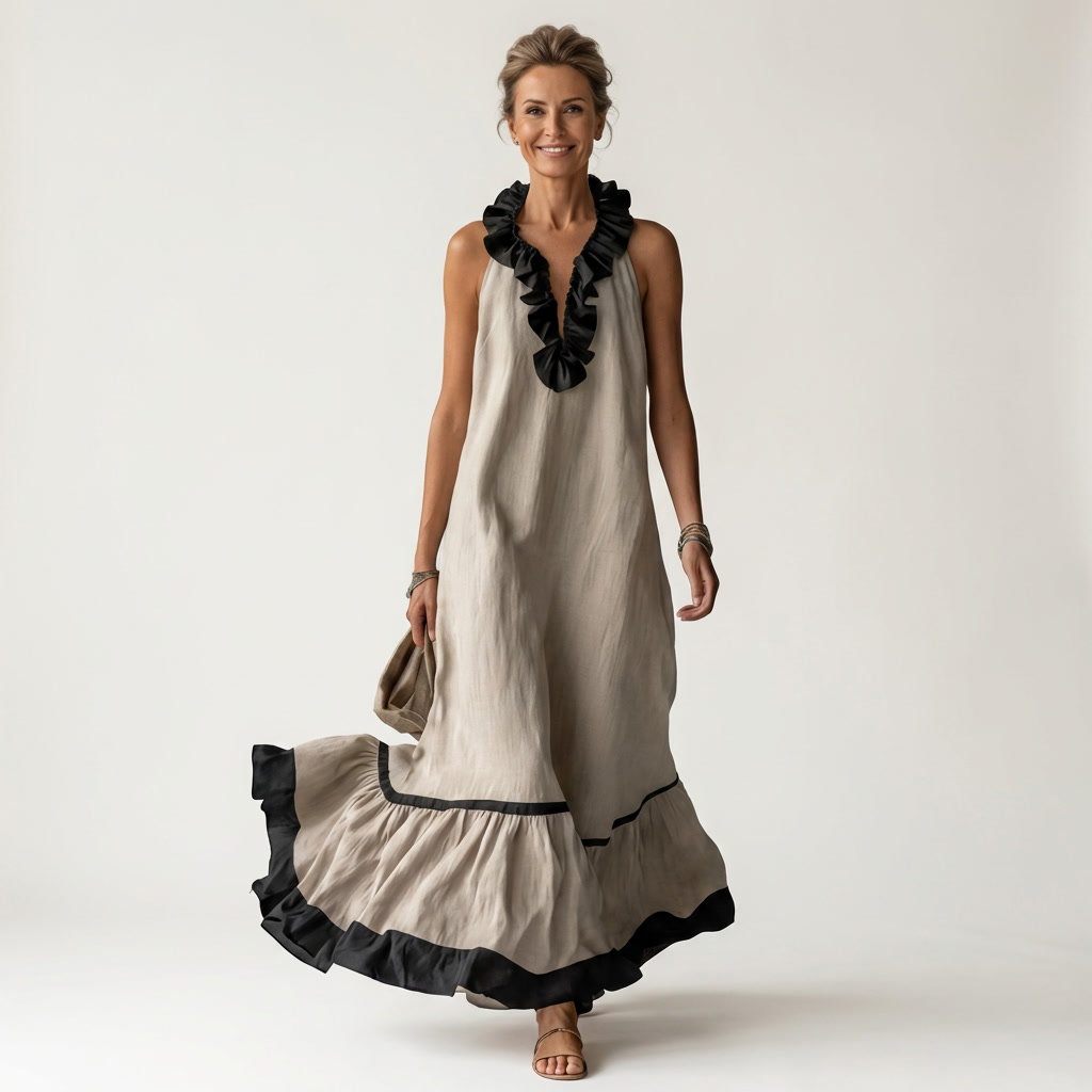 Monica | Sleeveless Ruffle-Neck Contrast-Trim Maxi Dress