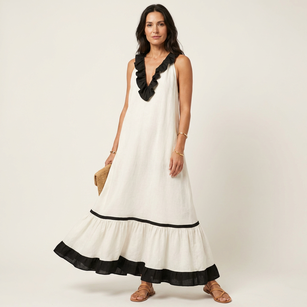 Monica | Sleeveless Ruffle-Neck Contrast-Trim Maxi Dress