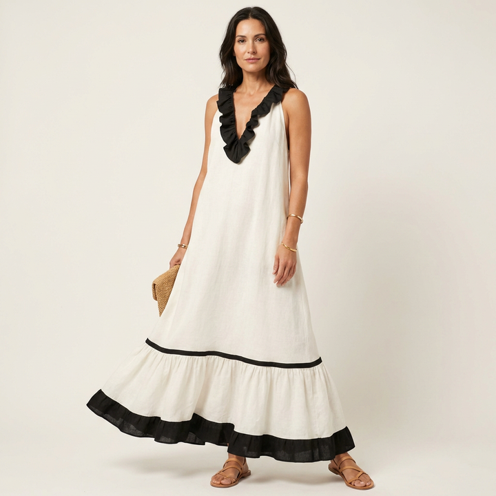 Monica | Sleeveless Ruffle-Neck Contrast-Trim Maxi Dress
