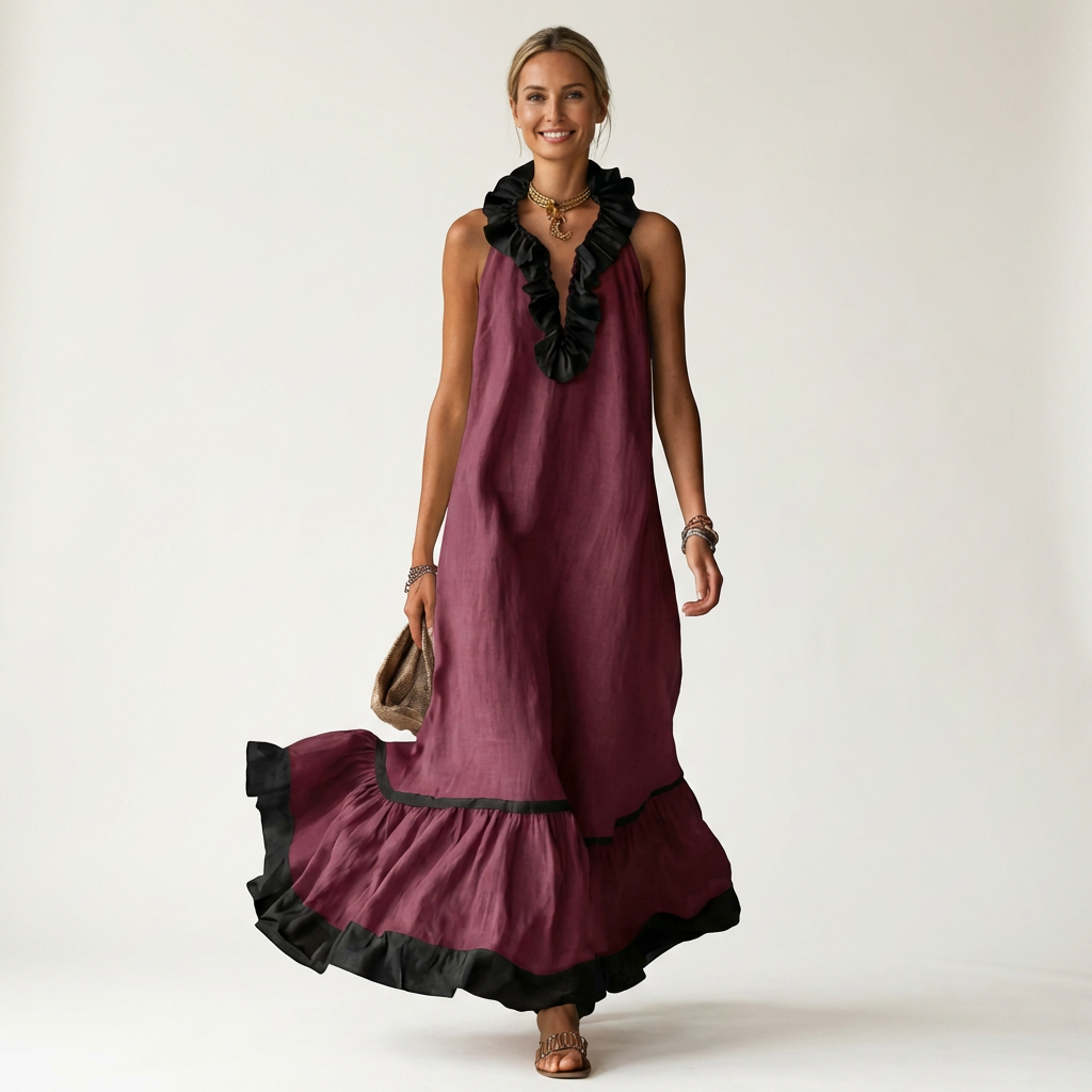 Monica | Sleeveless Ruffle-Neck Contrast-Trim Maxi Dress