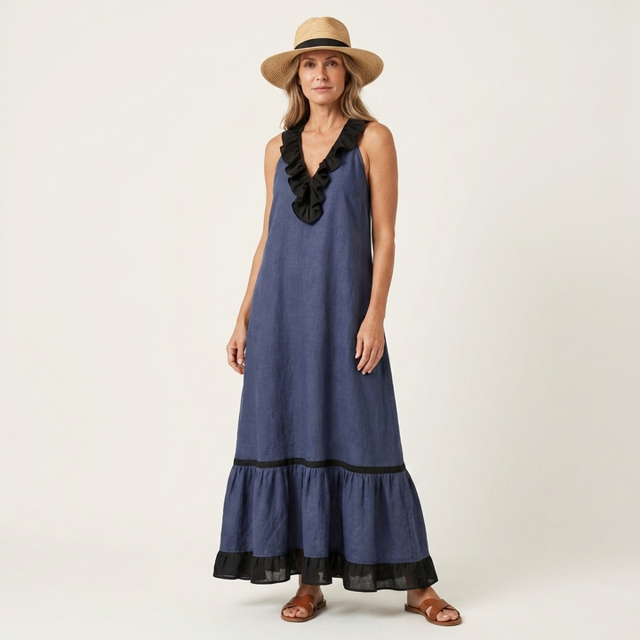 Monica | Sleeveless Ruffle-Neck Contrast-Trim Maxi Dress