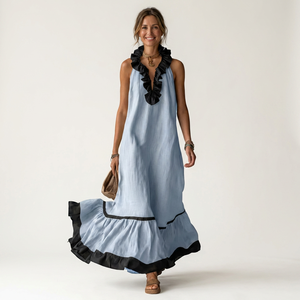 Monica | Sleeveless Ruffle-Neck Contrast-Trim Maxi Dress
