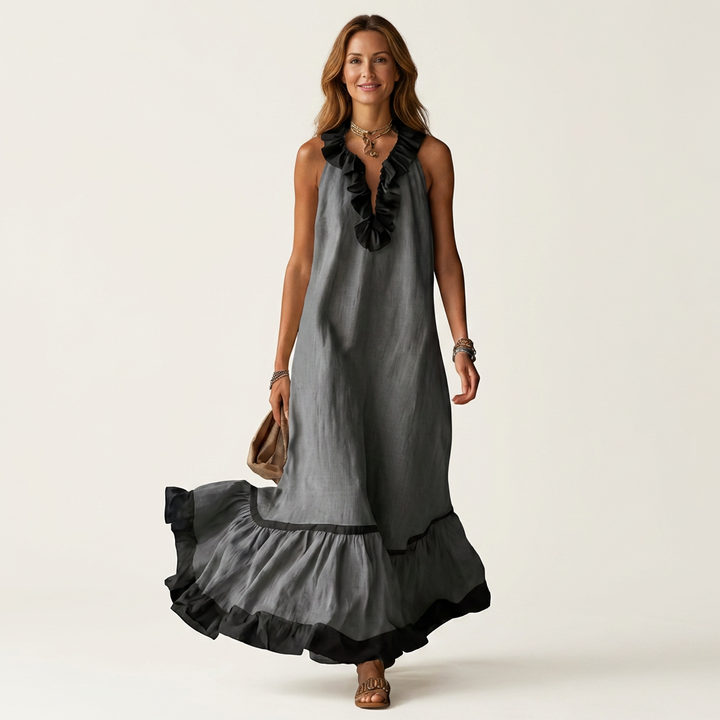 Monica | Sleeveless Ruffle-Neck Contrast-Trim Maxi Dress