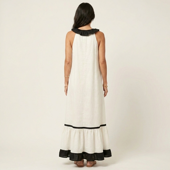 Monica | Sleeveless Ruffle-Neck Contrast-Trim Maxi Dress