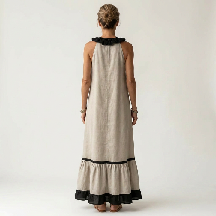 Monica | Sleeveless Ruffle-Neck Contrast-Trim Maxi Dress