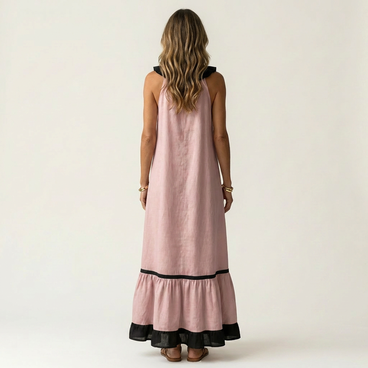 Monica | Sleeveless Ruffle-Neck Contrast-Trim Maxi Dress