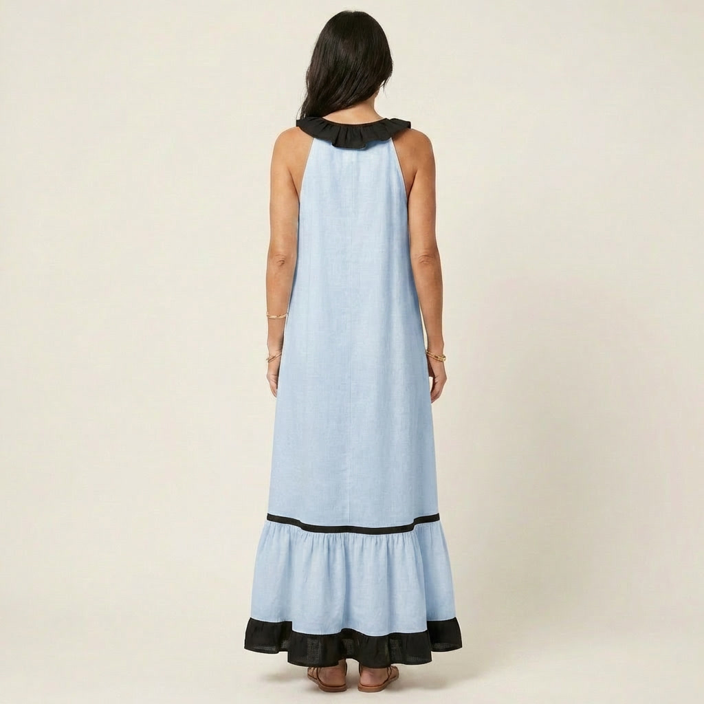 Monica | Sleeveless Ruffle-Neck Contrast-Trim Maxi Dress