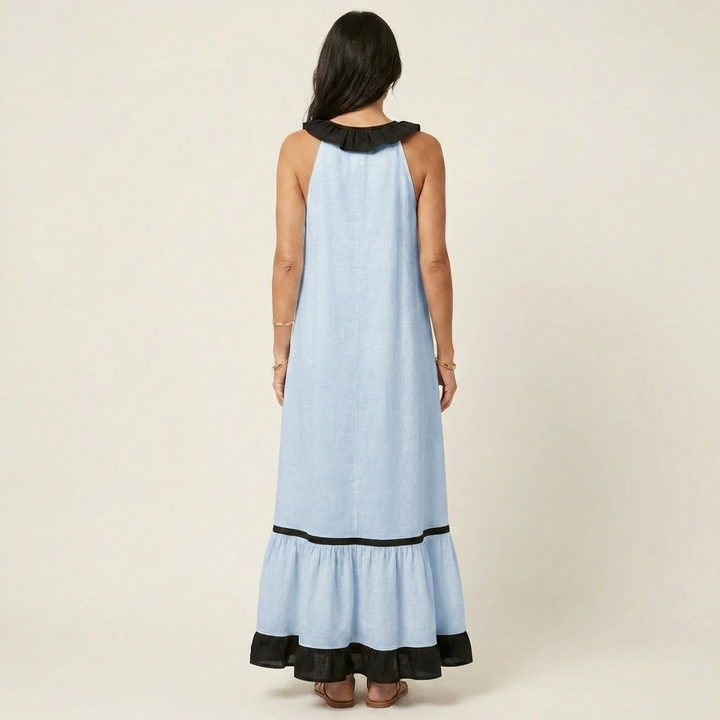 Monica | Sleeveless Ruffle-Neck Contrast-Trim Maxi Dress