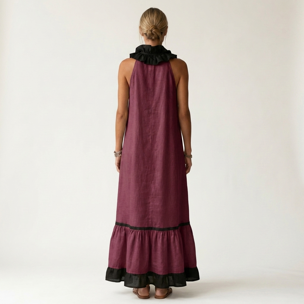 Monica | Sleeveless Ruffle-Neck Contrast-Trim Maxi Dress