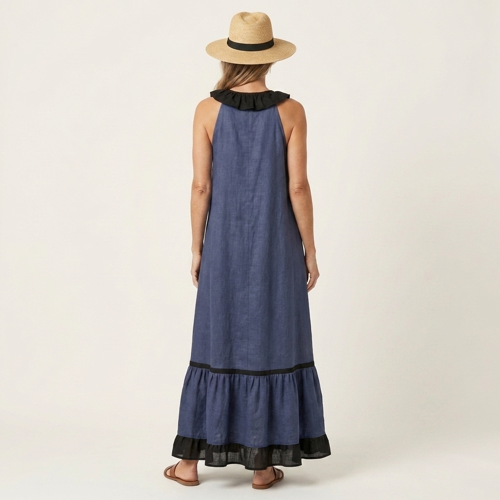 Monica | Sleeveless Ruffle-Neck Contrast-Trim Maxi Dress
