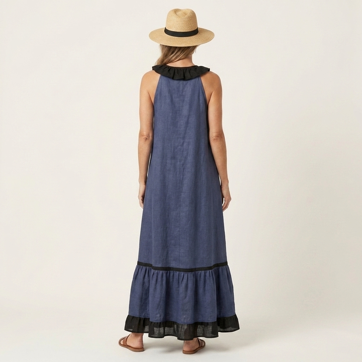 Monica | Sleeveless Ruffle-Neck Contrast-Trim Maxi Dress
