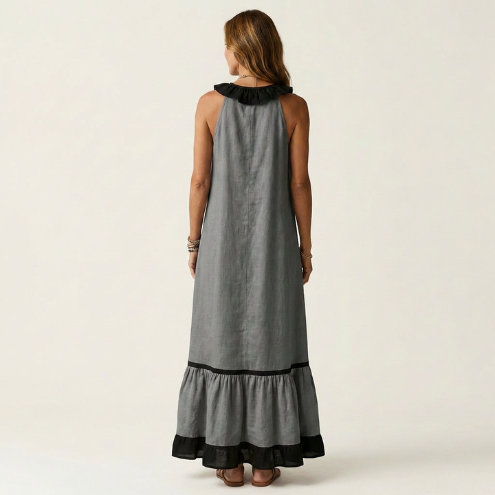 Monica | Sleeveless Ruffle-Neck Contrast-Trim Maxi Dress