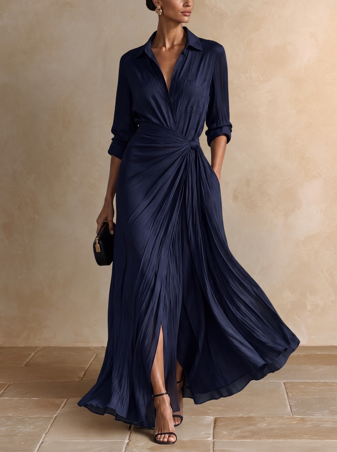 Gianella | Elegant Navy Blue Maxi Shirt Dress with Knot