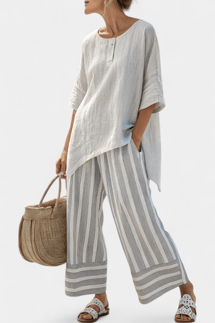 Talvora | Elegant Asymmetrical Blouse &amp; Striped Pants