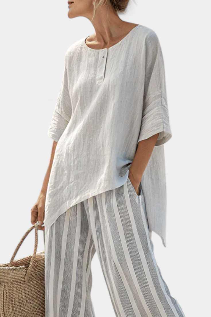 Talvora | Elegant Asymmetrical Blouse &amp; Striped Pants