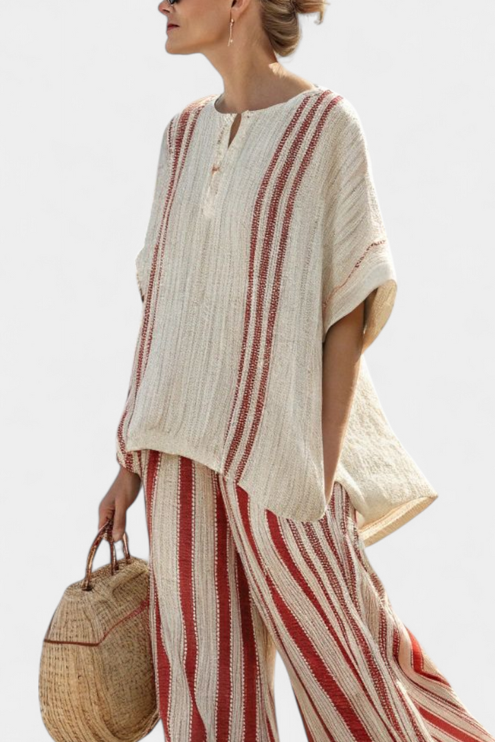 Mirella | Sophisticated Textured Red-Stripe Top &amp; Linen Pants