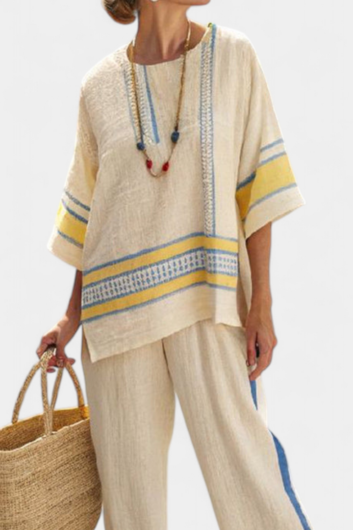 Jaxmere | Comfortable Blue-Yellow Mediterranean Top &amp; Linen Pants