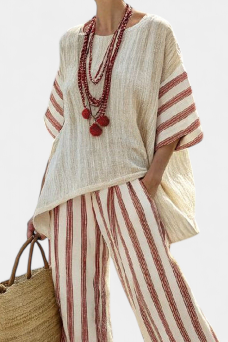 Braelith | Elegant Rustic Striped Top &amp; Cream Linen Pants