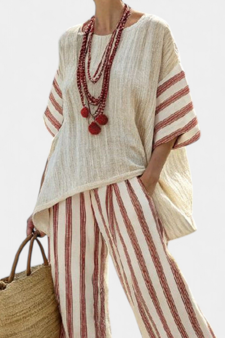 Braelith | Elegant Rustic Striped Top &amp; Cream Linen Pants