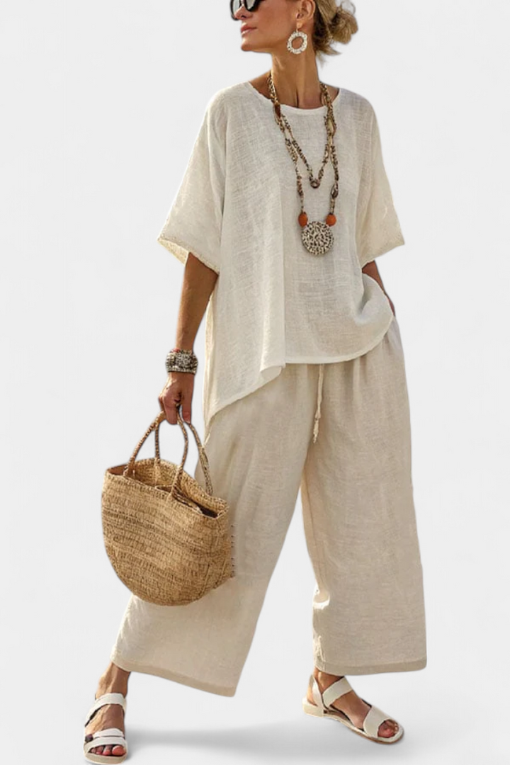 Drevon | Comfortable Minimalist Raw Blouse &amp; Wide-Leg Pants