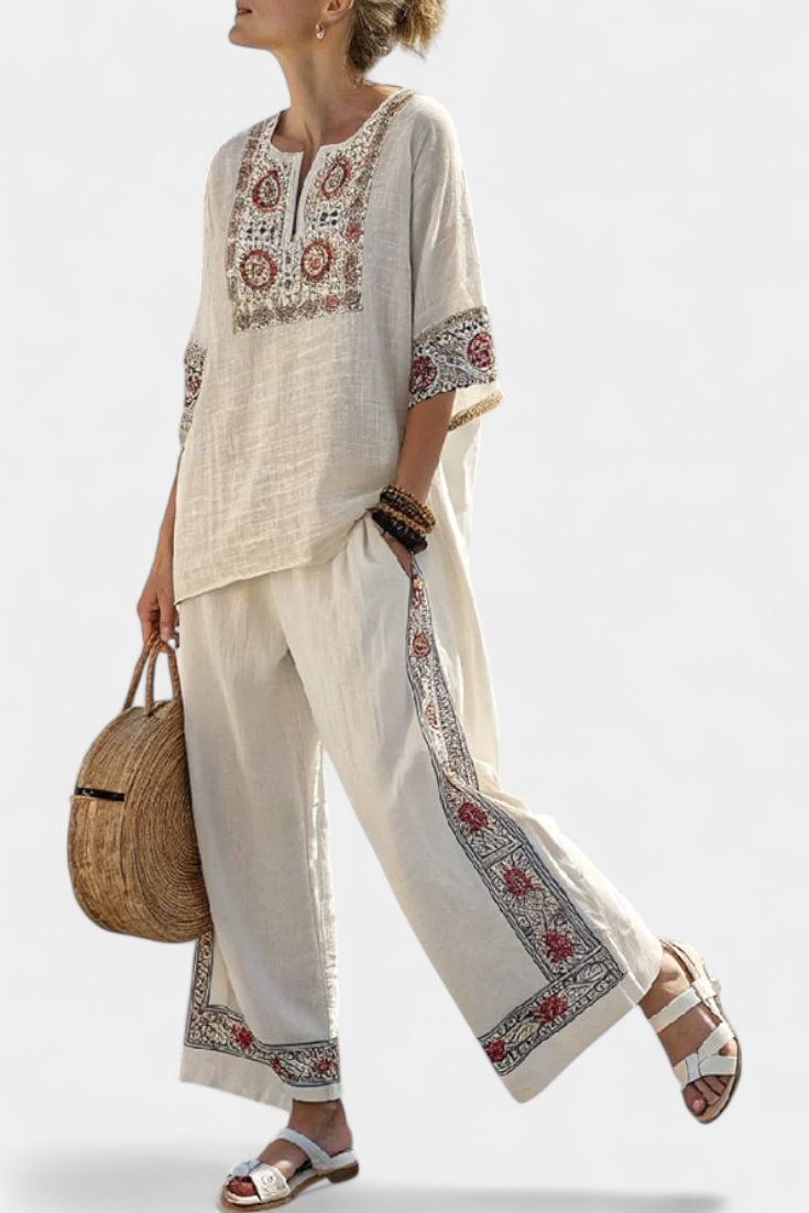 Tameric | Sophisticated Embroidered Raw Blouse &amp; Wide Pants