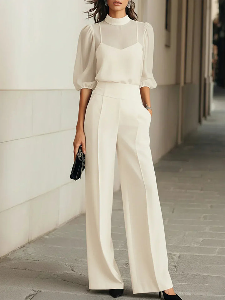 Valéria | Three-Piece Transparent Camisole and Wide-Leg Pants Set