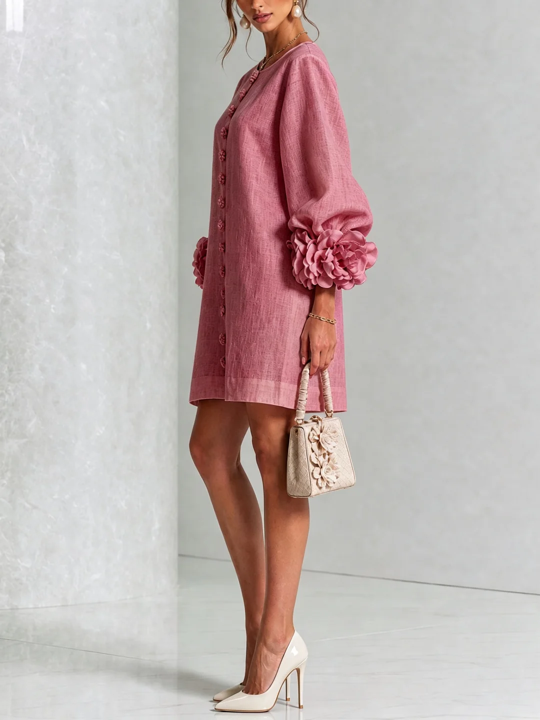 Brune | Short linen blend dress with puff sleeves