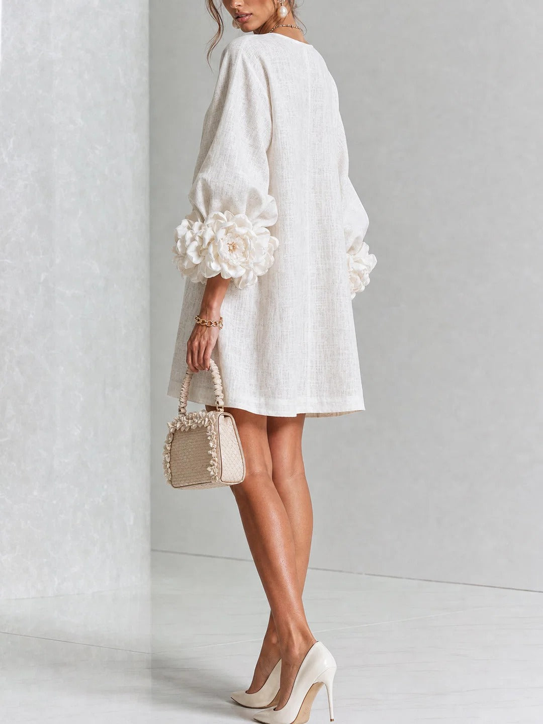 Brune | Short linen blend dress with puff sleeves