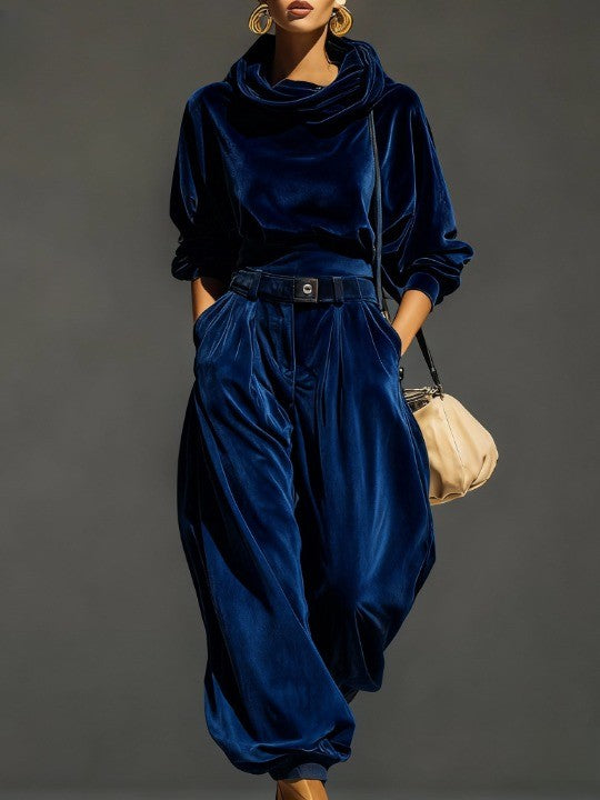 Vienna | Vintage brown velvet hoodie and loose pants set (Includes belt)