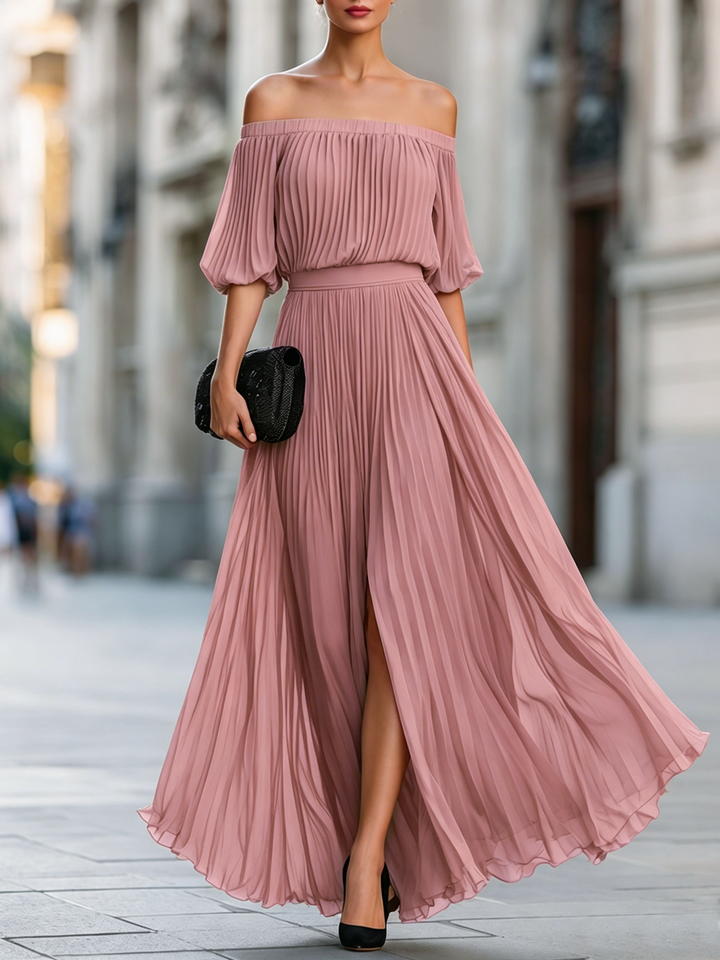 Oliviana | Off-Shoulder Pleated Chiffon Maxi Dress