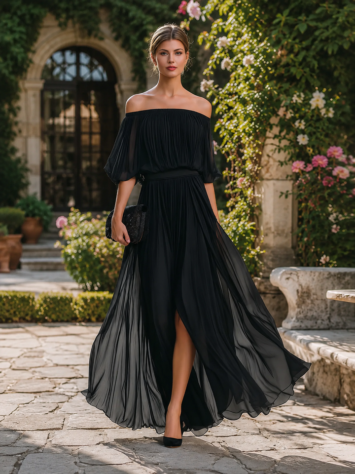 Oliviana | Off-Shoulder Pleated Chiffon Maxi Dress