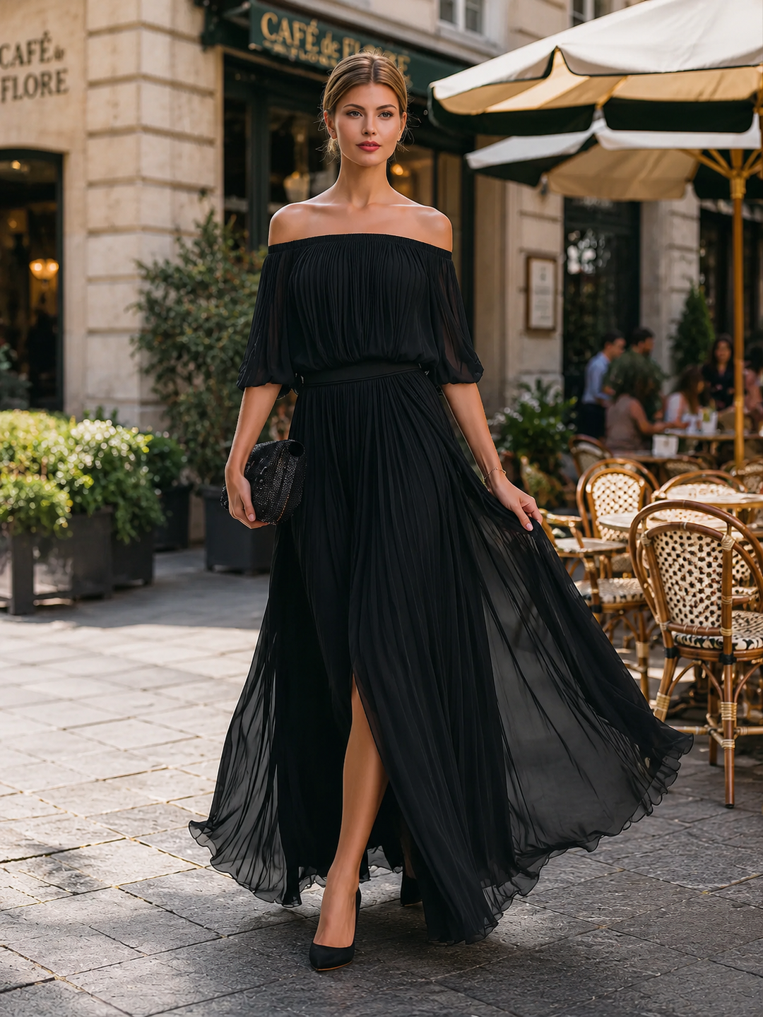 Oliviana | Off-Shoulder Pleated Chiffon Maxi Dress