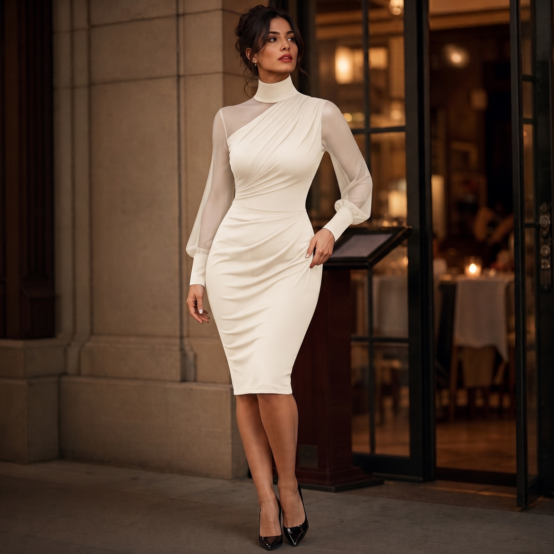 Ivory | Elegant Mesh Sleeve Midi Dress