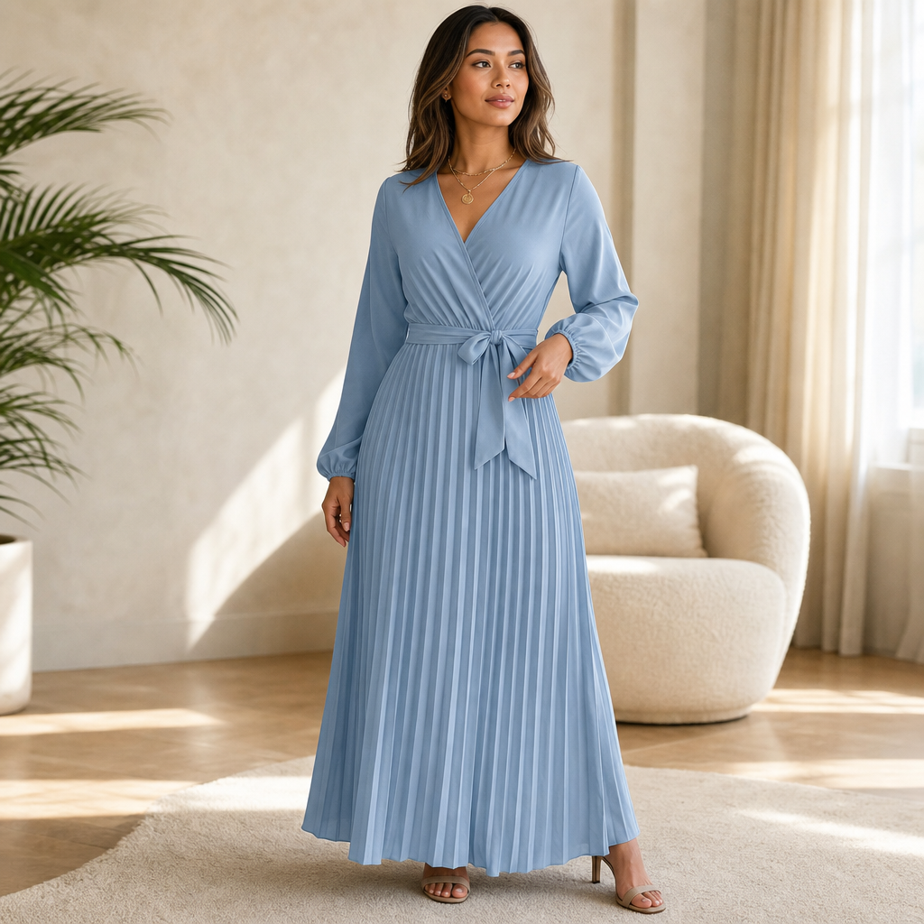 Luzy | Pleated Wrap-Neck High-Waisted Maxi Dress