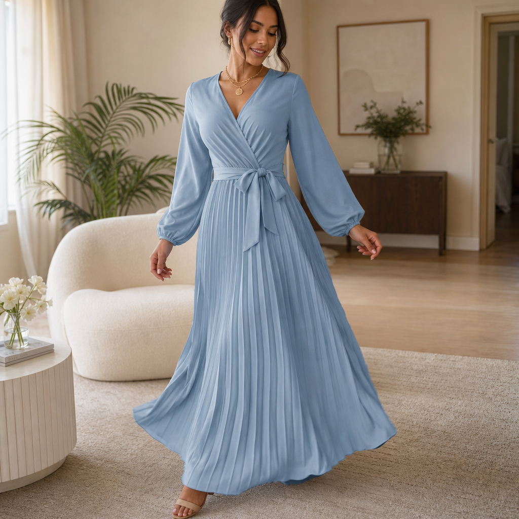 Luzy | Pleated Wrap-Neck High-Waisted Maxi Dress