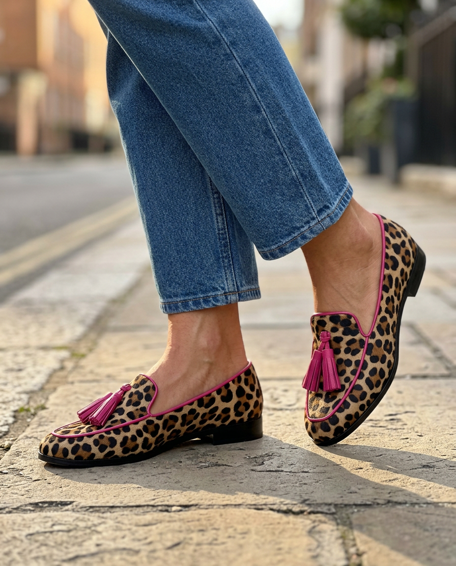 Fiamma  | Moccasin Leopard Print with Fuchsia Trimmings and Tassels