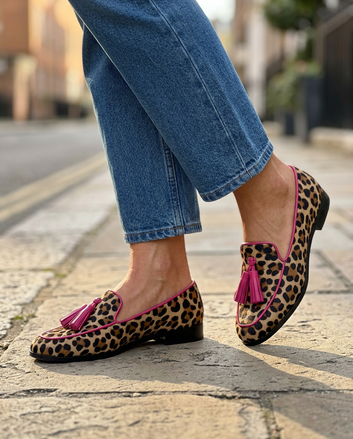 Fiamma  | Moccasin Leopard Print with Fuchsia Trimmings and Tassels