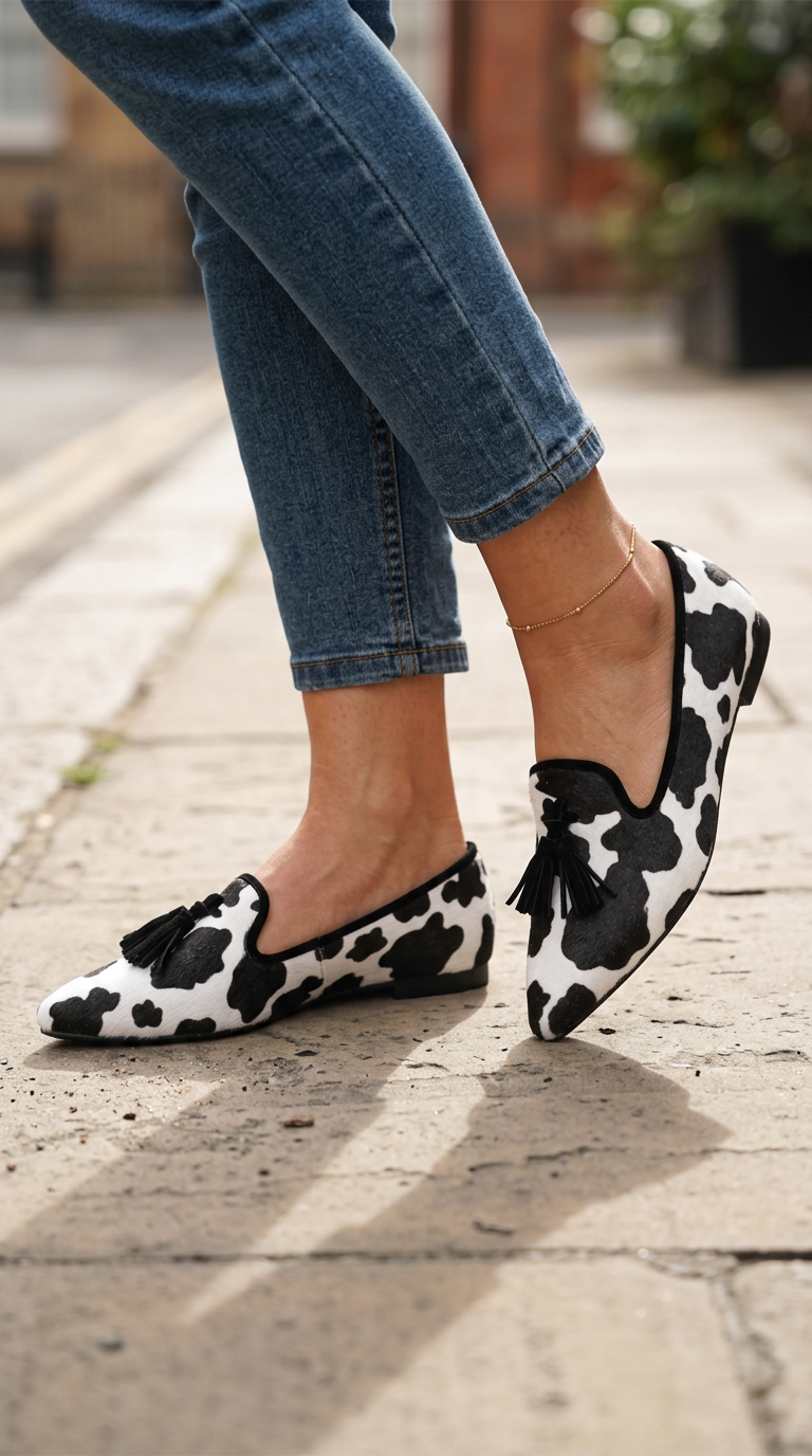 Ginevra | Black and White Cow Print, Black Tassels