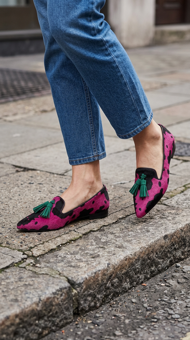 Ginevra  |  Moccasin Fuchsia Cow, Green Tassels